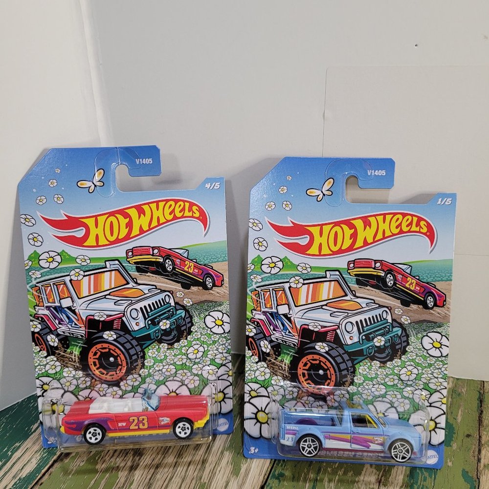 Set of 2 Easter Spring Hot Wheels 65 Ford Mustang Convertible & Volkswagen Caddy